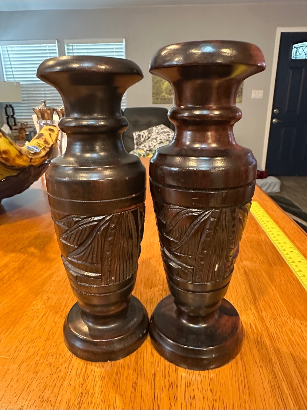 Hand-Carved Dark Brown Wooden Vases or incense burners.